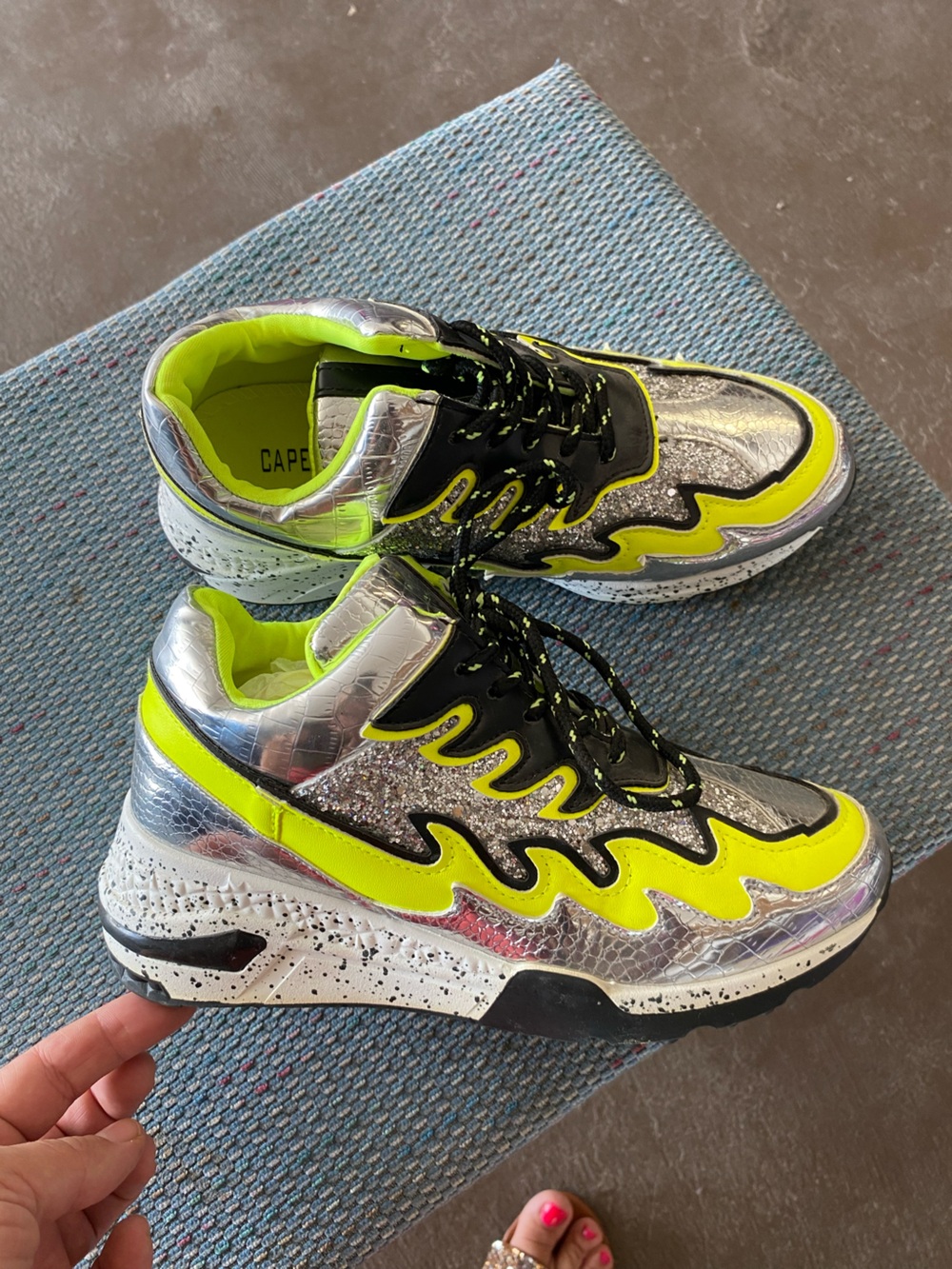 Neon Yellow & Silver Metallic Women's Chunky Sneakers
